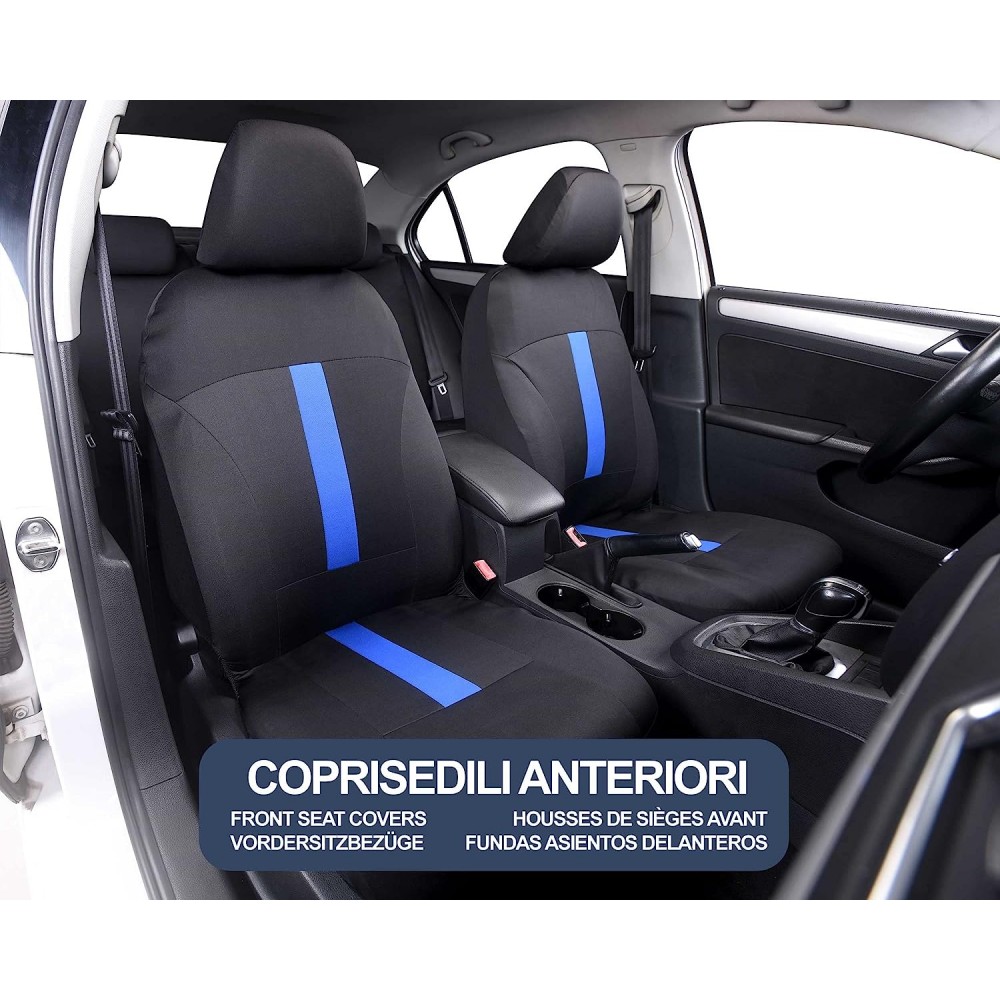 COPRISEDILI Auto Universali in PELLE Pu, TESSUTO, Cuciture BLU, Anteriori  + Posteriori